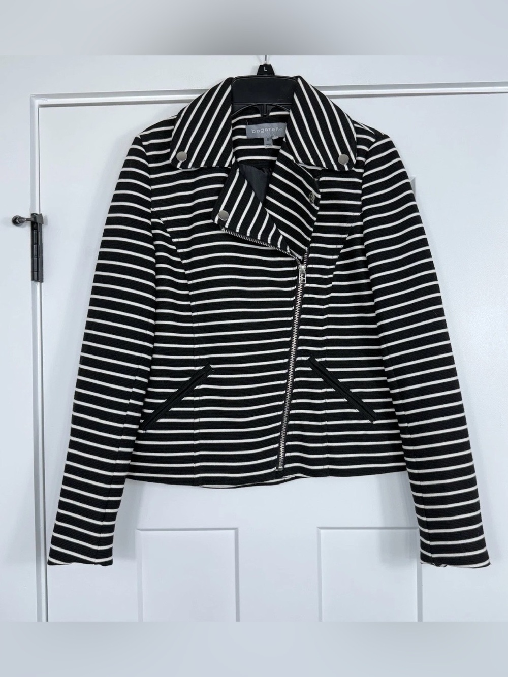 Bagatelle Striped Asymmetrical Zip Front Moto Blazer Jacket Black White Small